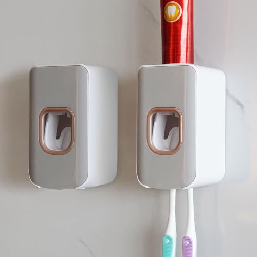 2 Slot Toothbrush Holder and Toothpaste Dispenser Wall Mounted, Automatic Toothpaste Squeezer, 2 in 1 Tooth Brush Toothpaste Organizer for Shower (Light Grey 2pack) - color: Light Grey, size: 2