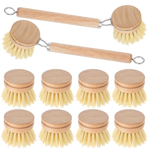 Kifmurase Bamboo Dish Brush with Handle, 10 Pcs Replacement Heads Wooden Kitchen Brush for Dishes, Vegetable Brushes Dish Scrubber for Cleaning Kitchen Room Vegetable Pots and Pans