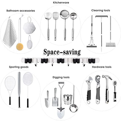 AceMining 5 Racks and 4 Hooks Mop and Broom Holder Wall Mount, Broom Organizer Storage Tool Racks Stainless Steel Heavy Duty Hooks Self Adhesive Solid Non-slip for Home Kitchen Garden Laundry Garage - color: 5 Racks & 4 Hooks (Silver) - 1 Pack