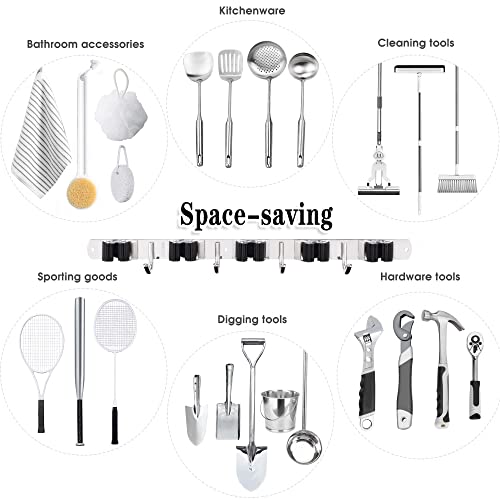 2 Pack Mop and Broom Holder Wall Mount, 5 Racks and 4 Hooks Broom Organizer Storage Tool Racks Stainless Steel Heavy Duty Hooks Self Adhesive Solid Non-slip for Home Kitchen Garden Laundry Garage - color: 5 Racks & 4 Hooks (Silver) - 2 Pack