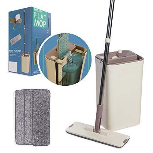 JFB Home Products Micro Flat Mop & Bucket System, Hands-Free Wringing Floor Cleaning, 3 Washable & Reusable Microfiber Pads, Wet or Dry Usage on Wood, Marble, Tile, Laminate, Ceramic and Vinyl Floors - color: Beige