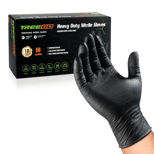 TREEGO 10 Mil Nitrile Gloves Large - Disposable Heavy Duty Rubber Gloves, Raised Diamond Texture Mechanic Gloves, Latex Free Industrial Work Gloves for Garage & Tools, 50 Count - color: Black 50, size: Large