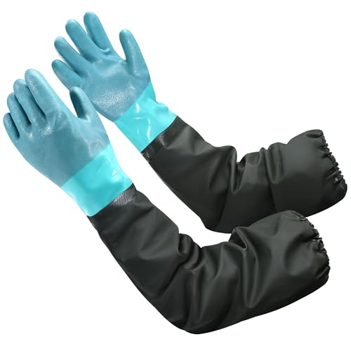 27" Full Arm Pond Gloves, Long Heavy Duty Gloves with Cotton Lining, Waterproof Rubber Chemical Resistant Glove - color: Blue