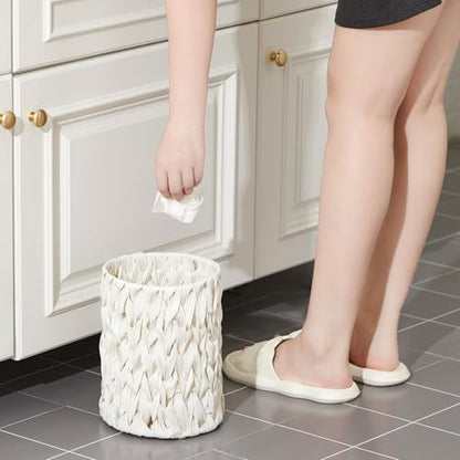 Ctosree 1.3 Gallons Small Trash Can with Lid Handle Boho Woven Braided Bathroom Waste Basket Trash Can with 100 Garbage Bags for Bedroom Office Laundry(Braided Polypropylene, Cream White) - color: Cream White, style: Round