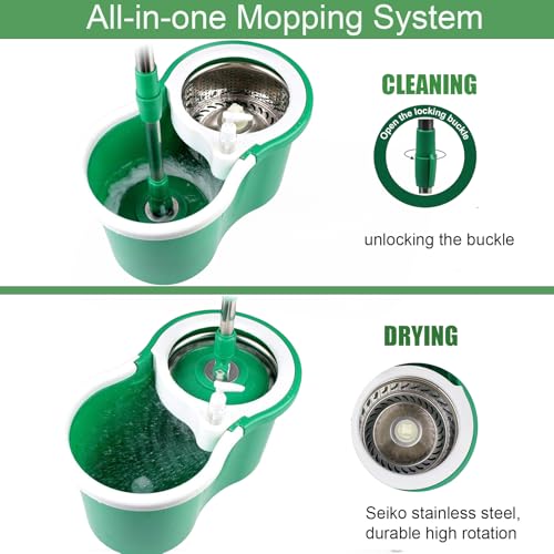 Spin Mop and Bucket with Wringer Set, 360° Spinning Mop Bucket System with 3 Microfiber Mop Replacement Heads Refills,56" Stainless Steel Extended Handle for Floor Cleaning Home Office (20QT) (Green) - color: Green