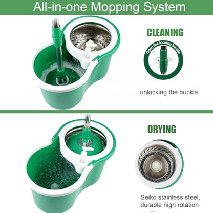 Spin Mop and Bucket with Wringer Set, 360° Spinning Mop Bucket System with 3 Microfiber Mop Replacement Heads Refills,56" Stainless Steel Extended Handle for Floor Cleaning Home Office (20QT) (Green) - color: Green