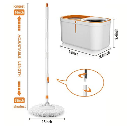 Spin Mop Bucket with Wringer System Extended Mop Handle 61＂Mop and Bucket for Floors Cleaning with 5 Replacement Head Refill 1 Cleaning Brush Head - color: Spin Mop Set