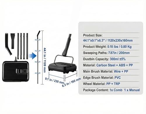 Manual Carpet Sweeper, Electric-Free Quiet Floor Sweeper with 300ml Easy-Empty Dustbin, 6.7” Cleaning Width for Pet Hair, Crumbs, Dust on Carpets, Hardwood, Tile - Home & Office Use (Black) - color: Black