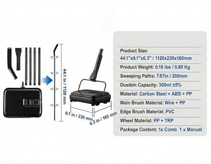 Manual Carpet Sweeper, Electric-Free Quiet Floor Sweeper with 300ml Easy-Empty Dustbin, 6.7” Cleaning Width for Pet Hair, Crumbs, Dust on Carpets, Hardwood, Tile - Home & Office Use (Black) - color: Black