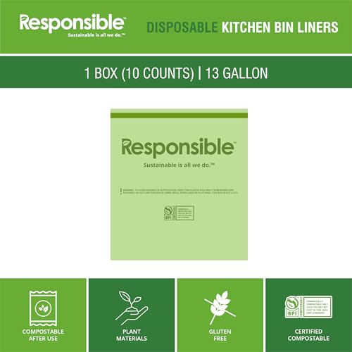 Responsible Products Kitchen Bin Liners, Certified Compostable, Heavy Duty Multipurpose Food Scrap Bags, Made from Compostable Materials (13 Gallon Drawstring, 13 Gallon (10 Count)) - size: 13 Gallon (10 Count), style: 13 Gallon Drawstring