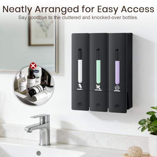 3 Chamber Shampoo and Conditioner Dispenser, No Drill - Wall Mounted Shower Soap Dispenser, Refillable Body Wash Dispenser Set 3, 1200ML Large Capacity, for Bathroom & Hotel, Black - color: Black Set of 3
