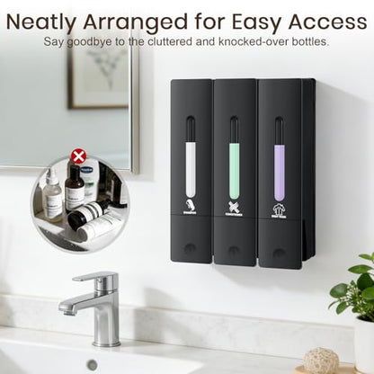 3 Chamber Shampoo and Conditioner Dispenser, No Drill - Wall Mounted Shower Soap Dispenser, Refillable Body Wash Dispenser Set 3, 1200ML Large Capacity, for Bathroom & Hotel, Black - color: Black Set of 3