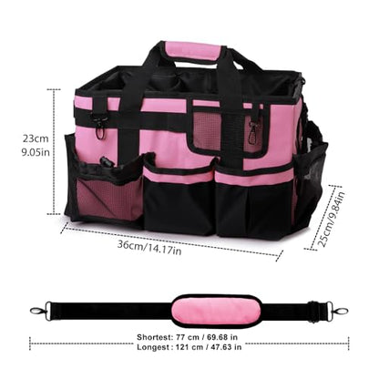 Large Cleaning Caddy Bag with Built-in Support Board, Wearable Cleaning Supplies Organizer with Adjustable Shoulder Strap & Waist Belt, Waterproof Heavy Duty Tote for Housekeepers Car Detailing - color: Black-Pink