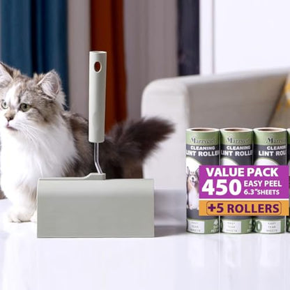 Extra Sticky Large Surface Lint Roller,6.3'' Giant Lint Roller for Pet Hair,5 Rolls 450 Sheets,Long Handle Lint Remover,Easily Remove Carpets, Clothes, Couch and Curtains Dust Cat and Dog Hair Removal - size: 1 Large Roller (Dust Cover) + 450 Sheets