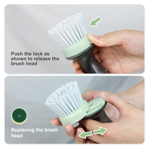 CQT Dish Brush with Soap Dispenser – One-Press Suds, Built-in Scrubbing Pad, Non-Slip Handle for Pots, Pans & Non-Stick Cookware – Includes 2 Refill Heads - color: Green