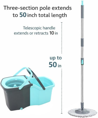 Spin Mop and Bucket System for Floor Cleaning - 360° Rotating Mop with Detachable Bucket - 2 Machine Washable Microfiber Heads - Stainless Steel Handle for Hardwood, Tile, and Laminate