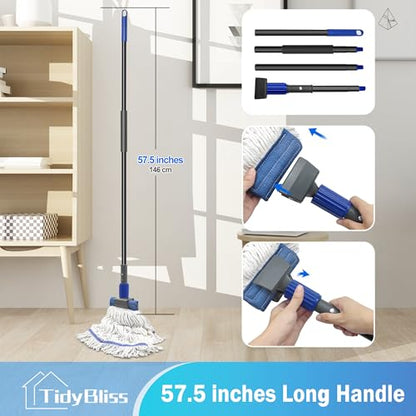 TidyBliss Commercial Mop Heavy Duty, 57.5 inches Long Handle Large Looped-End Industrial String Mop, Professional Dry Wet Cotton Mop for Cleaning Concrete Tile Hardwood Floor Shop Office Garage
