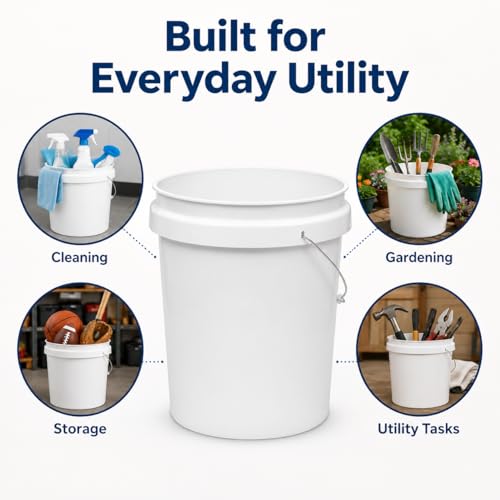 5 Gallon Round Plastic Utility Bucket White Heavy Duty Multi Purpose Pail for Cleaning, Storage, Mixing, Home, Garage, Garden Use