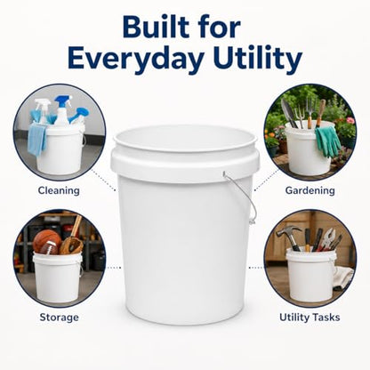 5 Gallon Round Plastic Utility Bucket White Heavy Duty Multi Purpose Pail for Cleaning, Storage, Mixing, Home, Garage, Garden Use