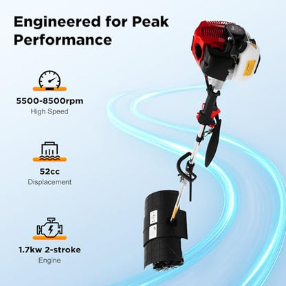 Gas Power Sweeper Handheld Nylon Broom 2.3HP 52CC 2 Stroke Engine Power Snow Sweeping Broom Cleaner Tools for Cleaning Driveway Turf Lawns Artificial Grass