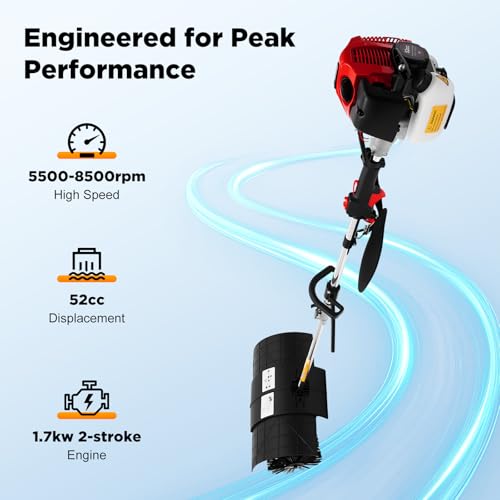 2-Stroke 1700W Gas Power Snow Sweeping Broom,52cc Handheld Sweeper,Single Cylinder Walk Behind Handheld Sweeper,Cleaning Driveway Turf Lawns Power Brush Lawn Sweeper Cleaner Tools