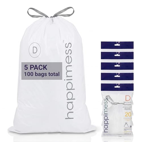 happimess 8 Gallon (30L) Drawstring Trash Bags, Slim, Unscented, White, Heavy Duty LDPE Liners for Kitchen and Household, Custom Fit 100 Count (5 Packs of 20 Liners) HPM3000D-W-5SET - size: 100 Count (Pack of 1)