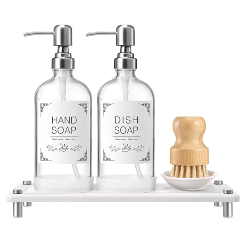 Dish Soap Dispenser Set for Kitchen 16oz Glass Bottle with Stainless Steel Pump, Instant Dry Tray, Perfect for Kitchen Decor and Bathroom Accessories, Women’s Gifts for Christmas - color: Hyaline Bottle + White Tray