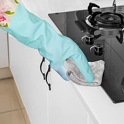 KINGFINGER Rubber Cleaning Gloves, 3 Pairs Reusable Latex-Free Dishwashing Gloves, Dish Glove with Flocked Cotton Liner, Long Cuff, Kitchen Household Glove, Medium (Blue, White, Pink)