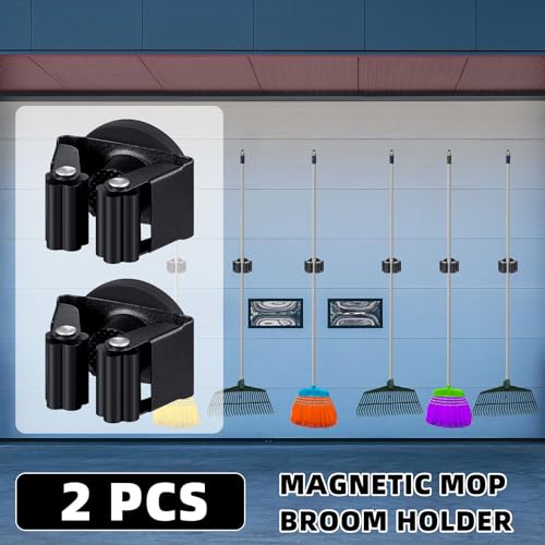 Vercraft 2 Pcs Magnetic Mop Broom Holder Movable Magnetic Broom Holder Rack, Anti Slip Wall Mounted Utility for Cleaning Tools, Garage, Kitchen, Laundry, Garden (Black) - color: black