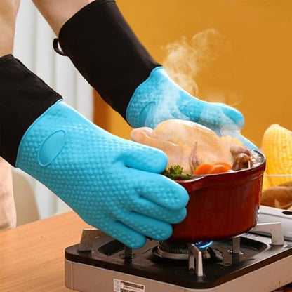 1 Pair Extra Long Professional Oven Mitts, Non-Slip Silicone Grip Heat Resistant,19.7" Length,Up to 572℉ for BBQ Cooking Baking Grilling (Blue) - color: Blue