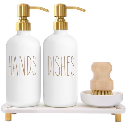 MOMEEMO Gold Soap Dispenser Set Comes with Stainless Steel Pumps, Instant Dry Tray, and Dish Scrub Brush, Suitable for Kitchen Decor and Accessories. (Gold) - color: Gold1