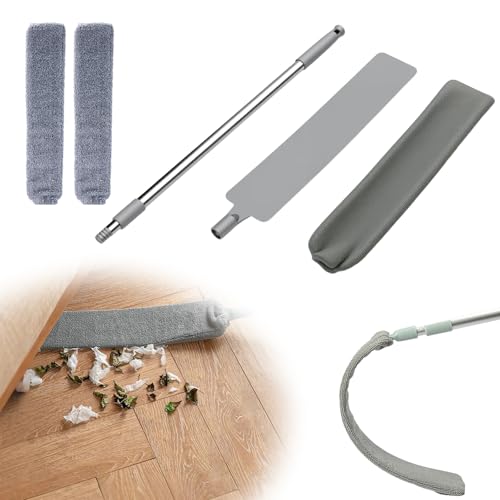 Retractable Gap Dust Cleaner with Reusable Dusting Cloths, Bendable Flexible Duster with Extension Pole, Wet & Dry Sweeper Stick Dusters for Gap Cleaning Under Furniture (Grey+Replacement Cloth*2) - color: Grey+replacement Cloth*2