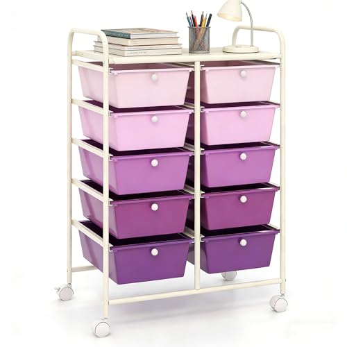 COSTWAY 10 Drawer Rolling Storage Cart, Mobile Utility Cart with Metal Frame & Lockable Wheels, Art Supply Craft Organizer, Multipurpose Drawer Cart for Paper for Office, School, Purple Gradient - color: Purple Gradient, size: 10 Drawer