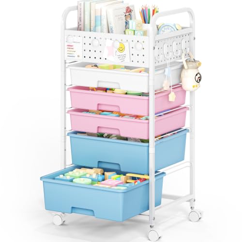 5 Drawer Rolling Storage Cart with Pegboard Top and Hooks, Mobile Organizer Cart with Wheels for Office Supplies, Craft Storage, Classroom Organization, Home Utility Cart, Pink&Blue - color: Pink&blue, size: 5-Drawers