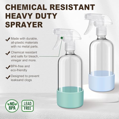 Glass Spray Bottles with Silicone Sleeves (2 Pack, 16 oz), Mist and Stream Empty Refillable Containers, Water Sprayer Misting Bottle for Cleaning Solutions, Planting, Hair Spraying, Green & Grey