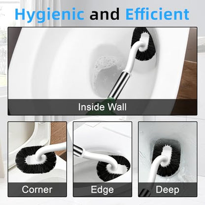 Toilet Brush and Holder Set, Curved Toilet Brush with Stainless Steel Handle, Under Rim Toilet Bowl Brush for Deep Cleaning, Drip-Proof, White