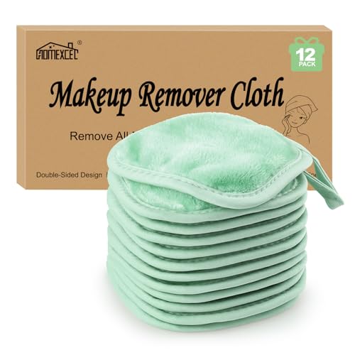 HOMEXCEL Makeup Remover Cloth 12 Count (Pack of 1), Reusable Makeup Remover Pads, Washable Ultra Soft Facial Cleansing Cloths for All Skin Types, 5 X 5 In, Green - color: Green
