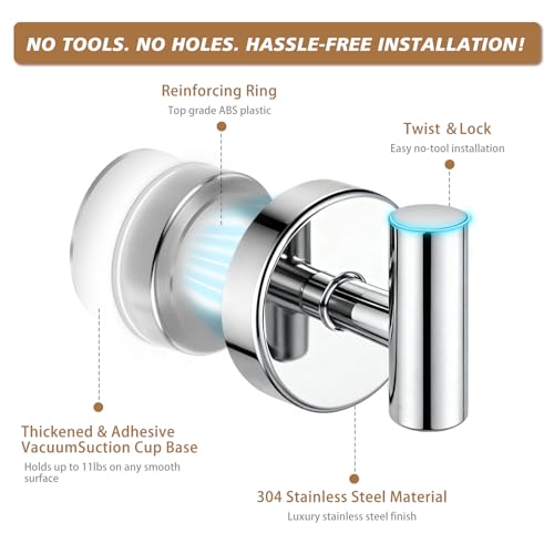 Suction Cup Hooks, Removable Shower Hooks, Chrome, 2-Pack | No Wall Damage | Strong Hold on Tile, Glass & Mirrors | Kitchen & Bathroom Use | Perfect for Towels, Loofahs, Robes & Coats - style: Chrome