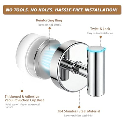 Suction Cup Hooks, Removable Shower Hooks, Chrome, 2-Pack | No Wall Damage | Strong Hold on Tile, Glass & Mirrors | Kitchen & Bathroom Use | Perfect for Towels, Loofahs, Robes & Coats - style: Chrome