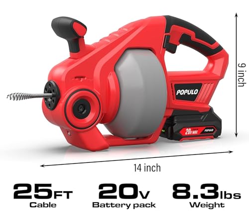 POPULO 20V Cordless Electric Drain Auger-Efficient 25Ft Auto-Feed Drain Snake with Replaceable Cable,2.0Ah Battery,Charger,Storage Bag & Gloves for Kitchen,Bathroom,Shower Pipes (3/4"-2")" - style: 25ft Standard - Red