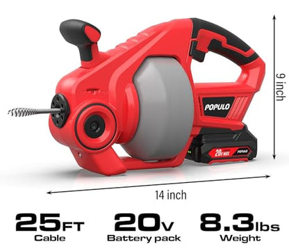 POPULO 20V Cordless Electric Drain Auger-Efficient 25Ft Auto-Feed Drain Snake with Replaceable Cable,2.0Ah Battery,Charger,Storage Bag & Gloves for Kitchen,Bathroom,Shower Pipes (3/4"-2")" - style: 25ft Standard - Red