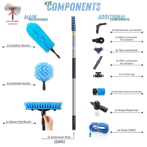 IGADPole 24 FT Washing Kit: Water-fed Brush with Soap Dispenser, Cobweb Dusters, with 6-Stage Telescoping Pole 5-24ft Pole/Window and Dusting Cleaning Kit