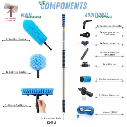IGADPole 24 FT Washing Kit: Water-fed Brush with Soap Dispenser, Cobweb Dusters, with 6-Stage Telescoping Pole 5-24ft Pole/Window and Dusting Cleaning Kit