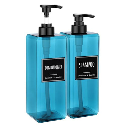 Segbeauty 33.8oz Blue Large Soap Dispenser Bathroom Kitchen, 2pcs Refillable Plastic Pump Bottle for Shampoo and Conditioner, 1000ml Empty Lotion Soap Dispenser with Pump, Large Liquid Container Set - color: Blue, style: 2pcs