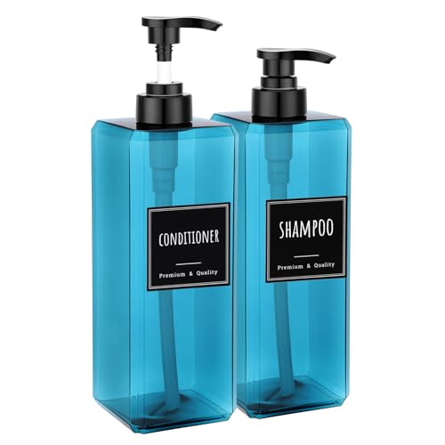 Segbeauty 33.8oz Blue Large Soap Dispenser Bathroom Kitchen, 2pcs Refillable Plastic Pump Bottle for Shampoo and Conditioner, 1000ml Empty Lotion Soap Dispenser with Pump, Large Liquid Container Set - color: Blue, style: 2pcs