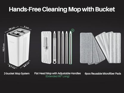 JOYMOOP Mop and Bucket Set, Commercial & Household Use, Flat Mops for Floor Cleaning, Wall Mop Cleaner with Long Handle, Hardwood Floor Mop with 6 Microfiber Pads - color: White Standard2461