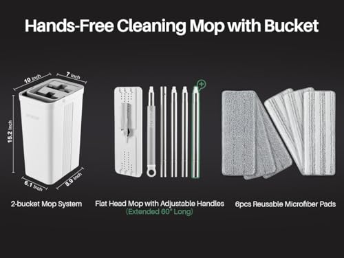JOYMOOP Mop and Bucket Set, Commercial & Household Use, Flat Mops for Floor Cleaning, Wall Mop Cleaner with Long Handle, Hardwood Floor Mop with 6 Microfiber Pads - color: White Standard2461
