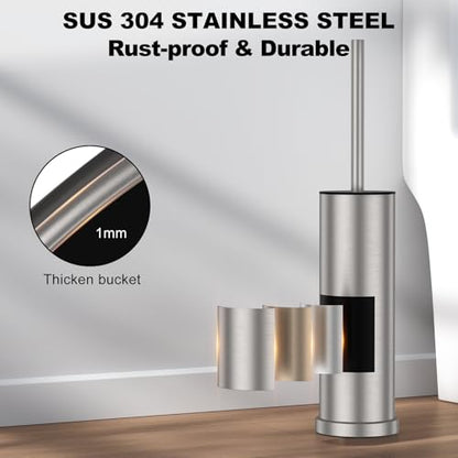Stain Nickel Toilet Brush and Holder Set，Stainless Steel Heavy Duty Toilet Bowl Brush，Extra Long Handled Modern Toilet Cleaner Brush with Replaceable Head, Removable Inner Bowl, and Splash Protection - color: Nickel, size: 1 Pack
