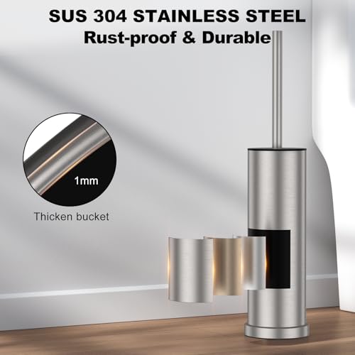 Stain Nickel Toilet Brush and Holder Set，2 Pack Stainless Steel Heavy Duty Toilet Bowl Brush，Extra Long Handled Toilet Cleaner Brush with Replaceable Head, Removable Inner Bowl & Splash Protection - color: Nickel, size: 2 Pack