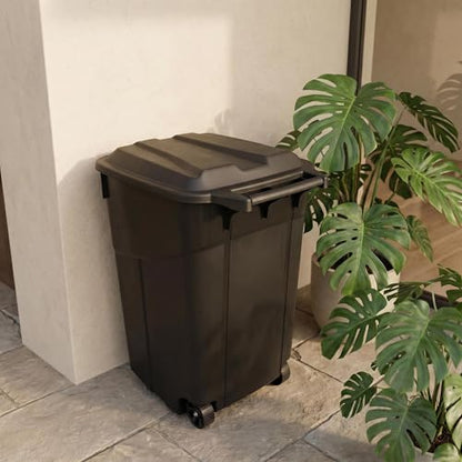 45 Gallon Wheeled Black Plastic Garbage Bin with Lid for Outdoor Use | Built-in rolling wheels enable easy moving around your patio, deck and garage with little effort